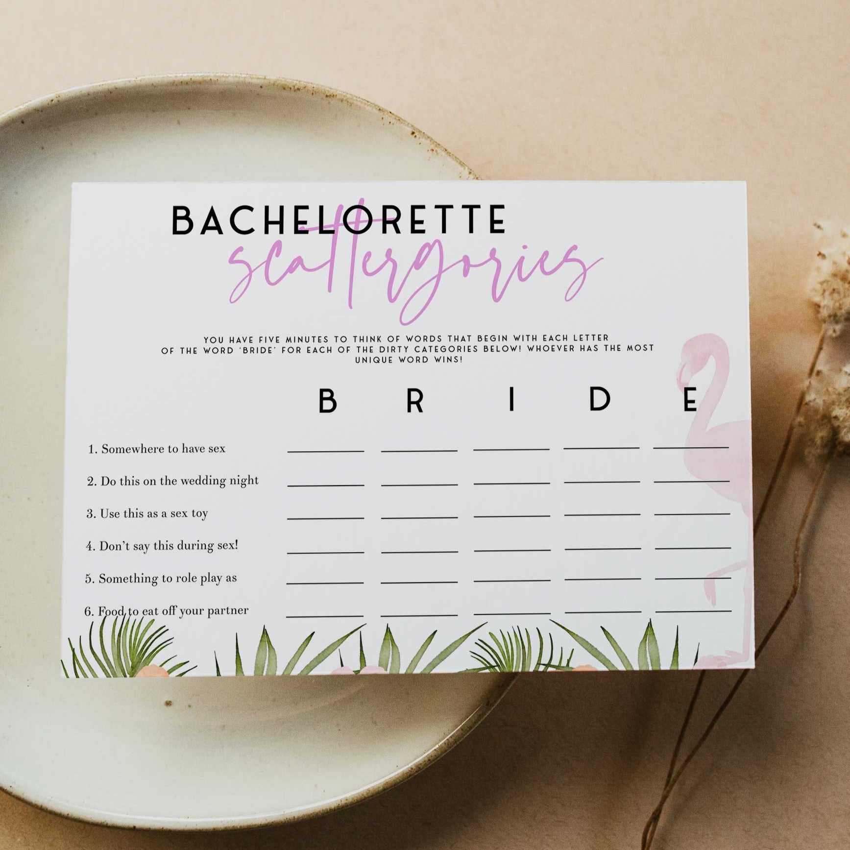 Fully editable and printable bachelorette scattergories game with a miami design. Perfect for a miami, Bachelorette themed party