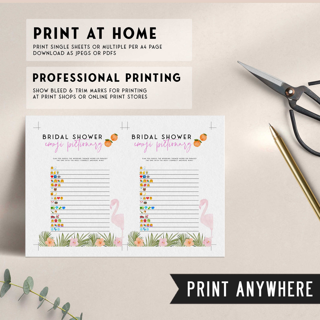 Fully editable and printable bridal emoji pictionary game with a miami design. Perfect for a miami, Bachelorette themed party
