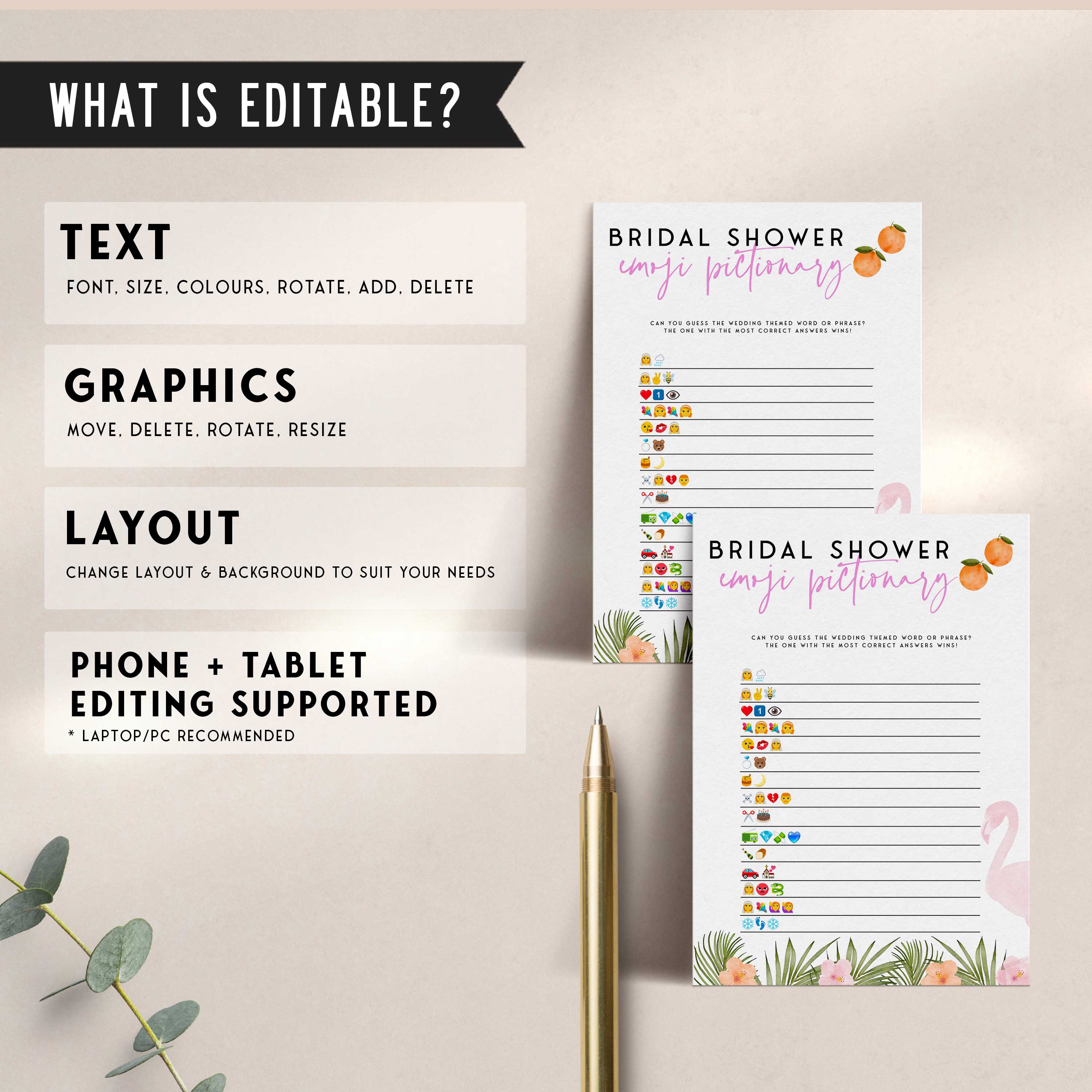 Fully editable and printable bridal emoji pictionary game with a miami design. Perfect for a miami, Bachelorette themed party