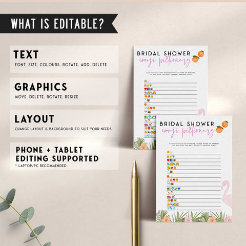 Fully editable and printable bridal emoji pictionary game with a miami design. Perfect for a miami, Bachelorette themed party
