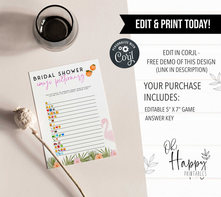 Fully editable and printable bridal emoji pictionary game with a miami design. Perfect for a miami, Bachelorette themed party