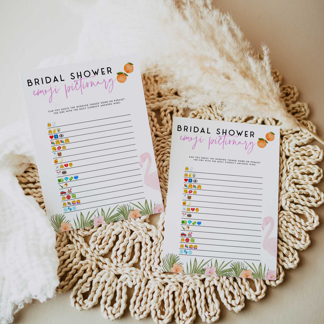 Fully editable and printable bridal emoji pictionary game with a miami design. Perfect for a miami, Bachelorette themed party