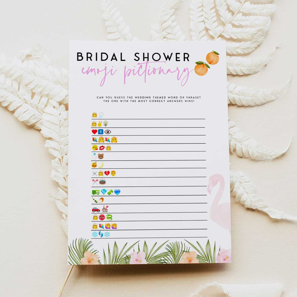 Fully editable and printable bridal emoji pictionary game with a miami design. Perfect for a miami, Bachelorette themed party