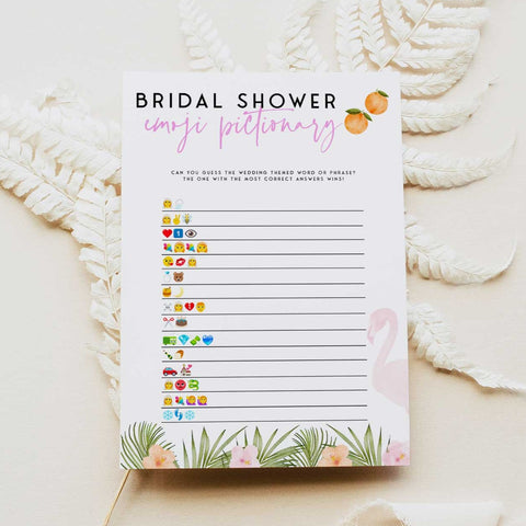 Fully editable and printable bridal emoji pictionary game with a miami design. Perfect for a miami, Bachelorette themed party