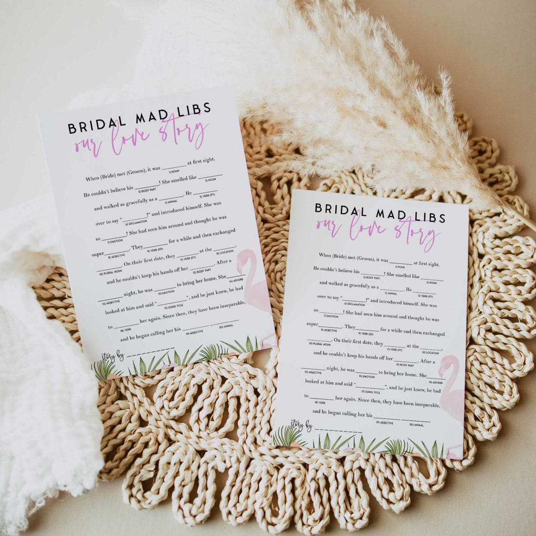 Fully editable and printable bridal mad libs game with a miami design. Perfect for a miami, Bachelorette themed party