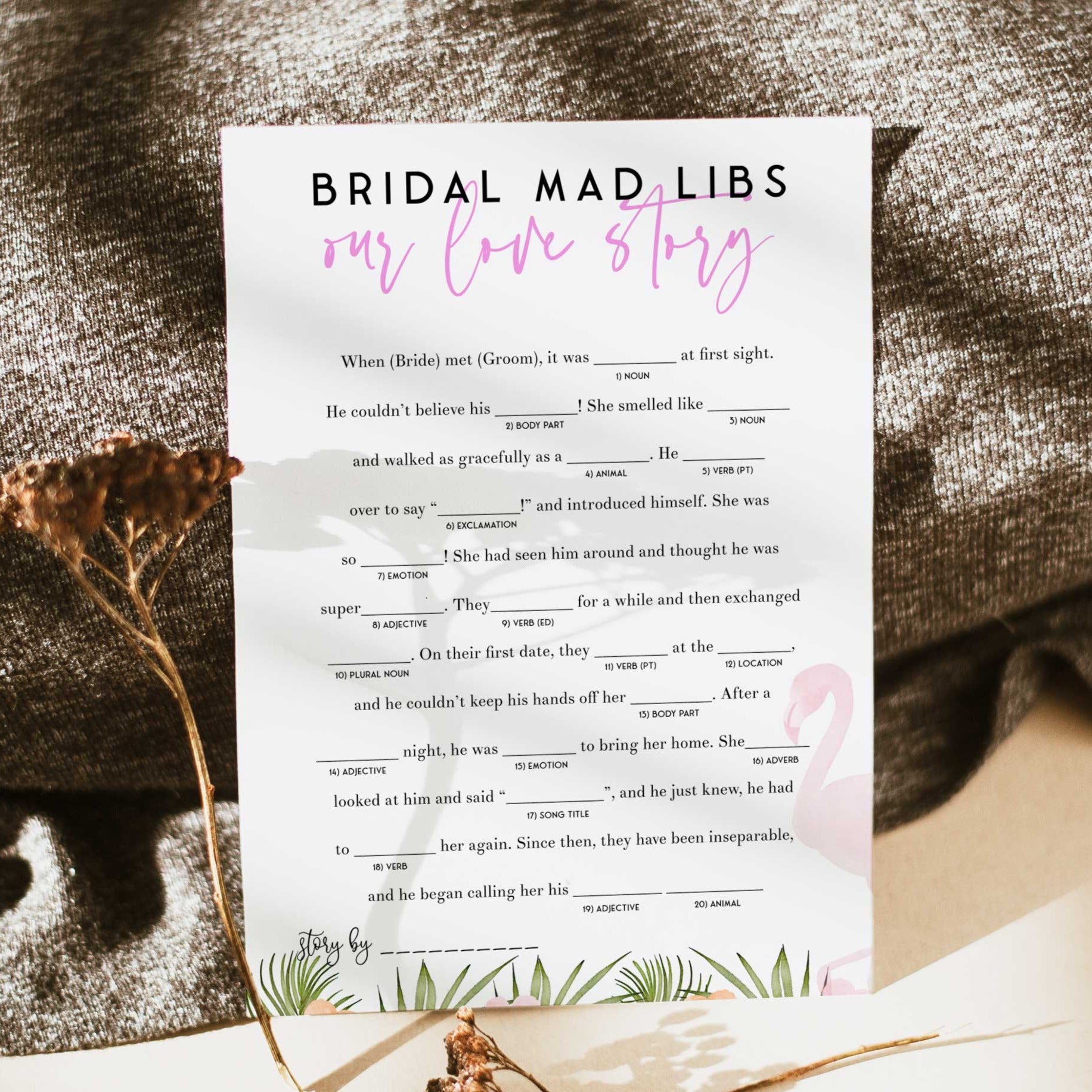 Fully editable and printable bridal mad libs game with a miami design. Perfect for a miami, Bachelorette themed party