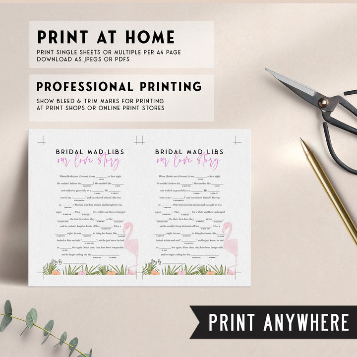 Fully editable and printable bridal mad libs game with a miami design. Perfect for a miami, Bachelorette themed party