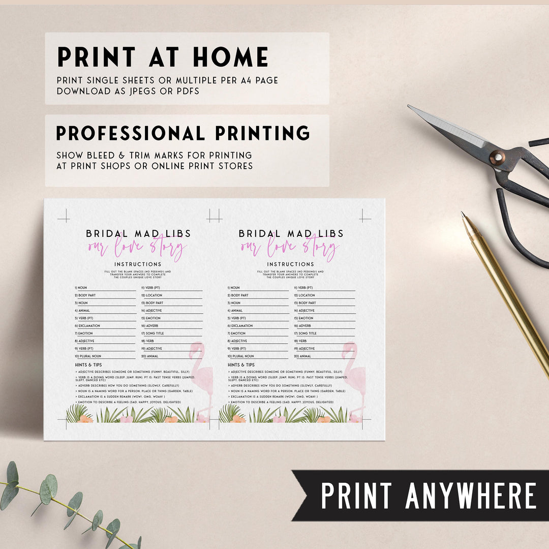 Fully editable and printable bridal mad libs game with a miami design. Perfect for a miami, Bachelorette themed party