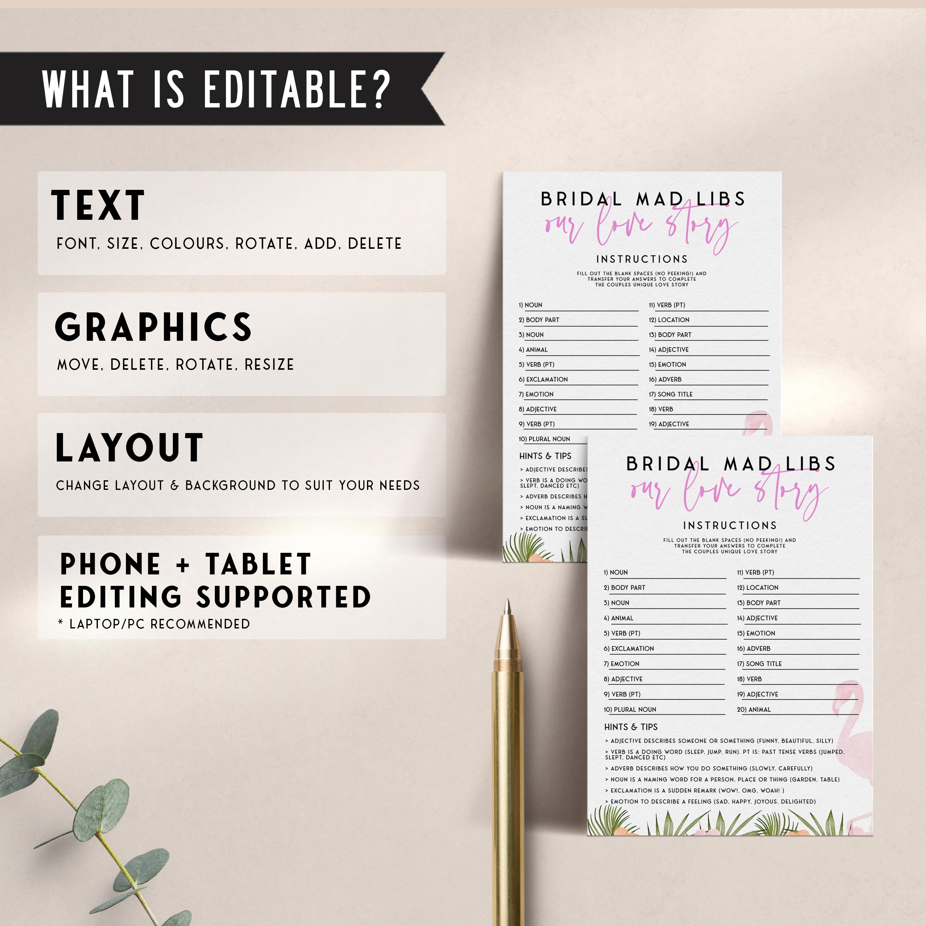 Fully editable and printable bridal mad libs game with a miami design. Perfect for a miami, Bachelorette themed party