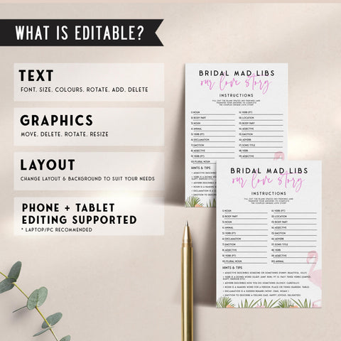 Fully editable and printable bridal mad libs game with a miami design. Perfect for a miami, Bachelorette themed party