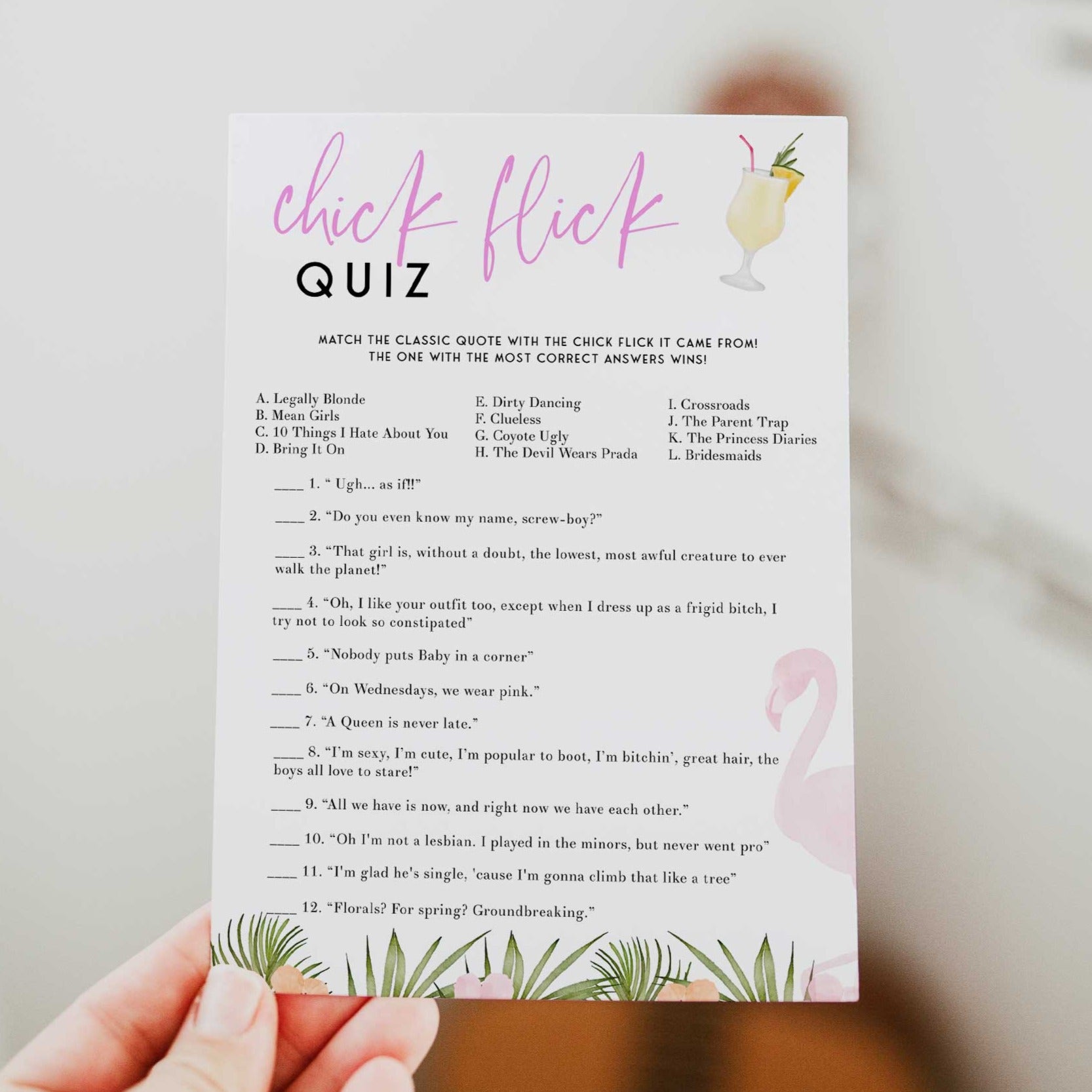 Fully editable and printable chick flick quiz game with a miami design. Perfect for a miami, Bachelorette themed party