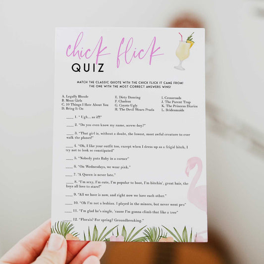Fully editable and printable chick flick quiz game with a miami design. Perfect for a miami, Bachelorette themed party