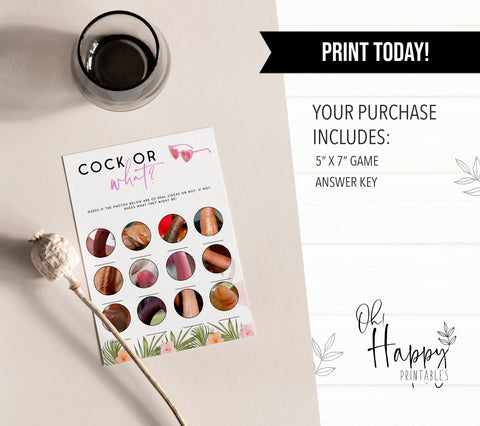 Fully printable cock or what bachelorette game with a miami design. Perfect for a miami, Bachelorette themed party