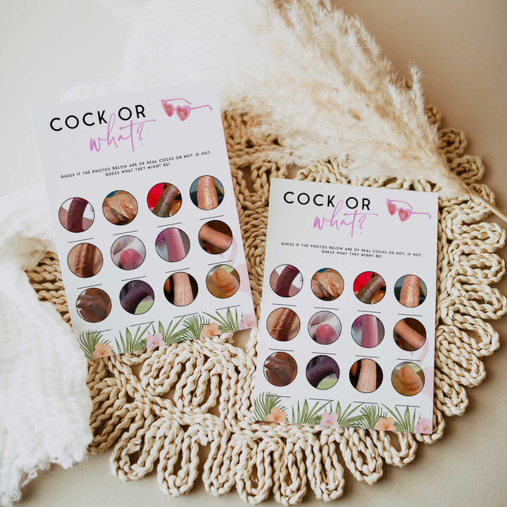 Fully printable cock or what bachelorette game with a miami design. Perfect for a miami, Bachelorette themed party
