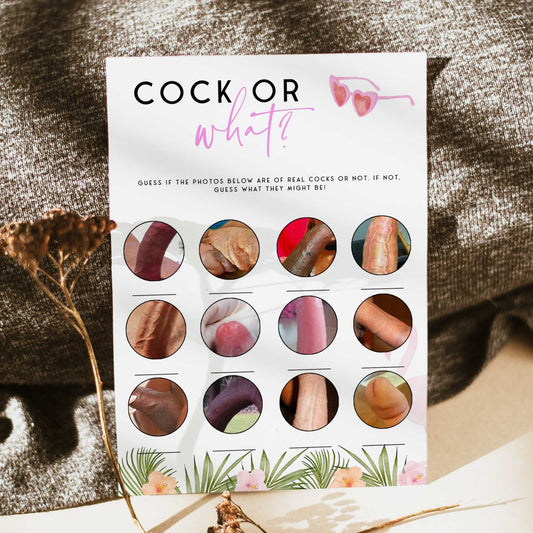 Fully printable cock or what bachelorette game with a miami design. Perfect for a miami, Bachelorette themed party