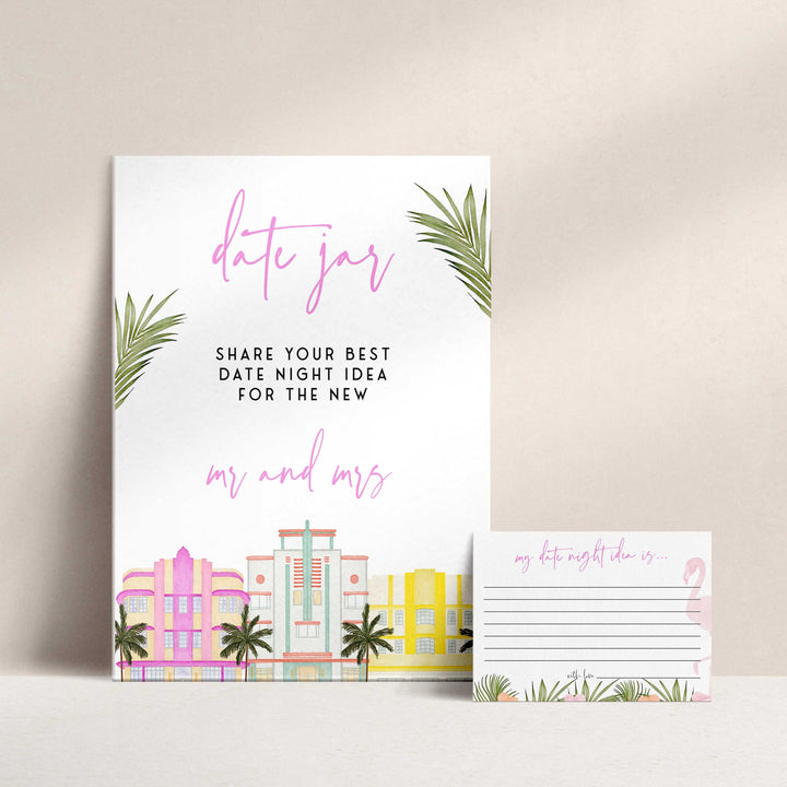 Fully editable and printable date night jar game with a miami design. Perfect for a miami, Bachelorette themed party
