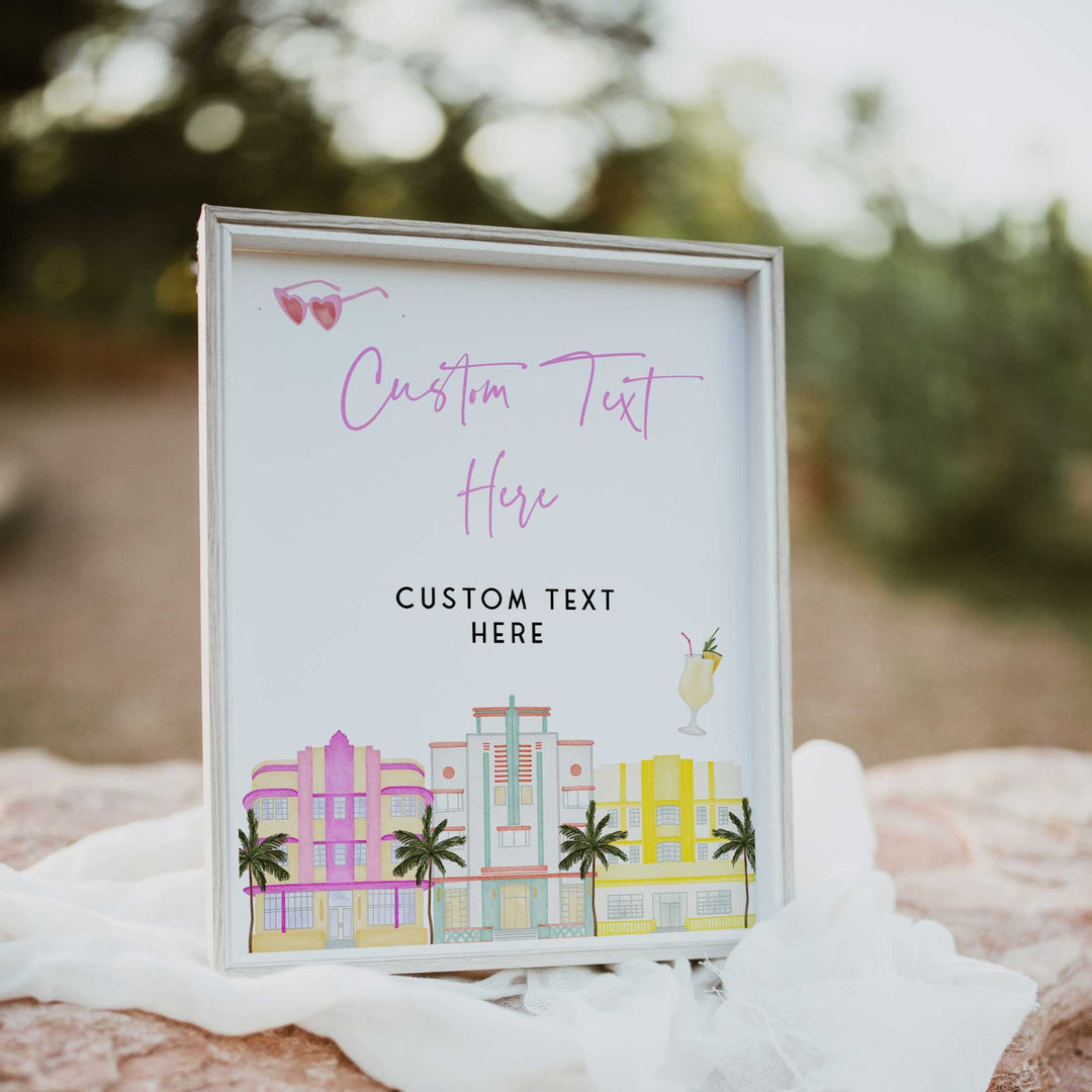 fully editable Miami themed bachelorette party bundle including 40 editable games, invitations, mobile invitations, signs, thank you tags and more