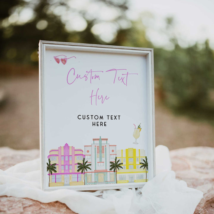 fully editable Miami themed bachelorette party bundle including 40 editable games, invitations, mobile invitations, signs, thank you tags and more