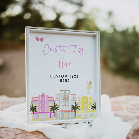 fully editable Miami themed bachelorette party bundle including 40 editable games, invitations, mobile invitations, signs, thank you tags and more