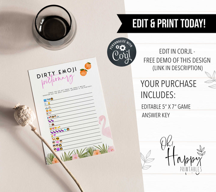 Fully editable and printable dirty emoji pictionary game with a miami design. Perfect for a miami, Bachelorette themed party