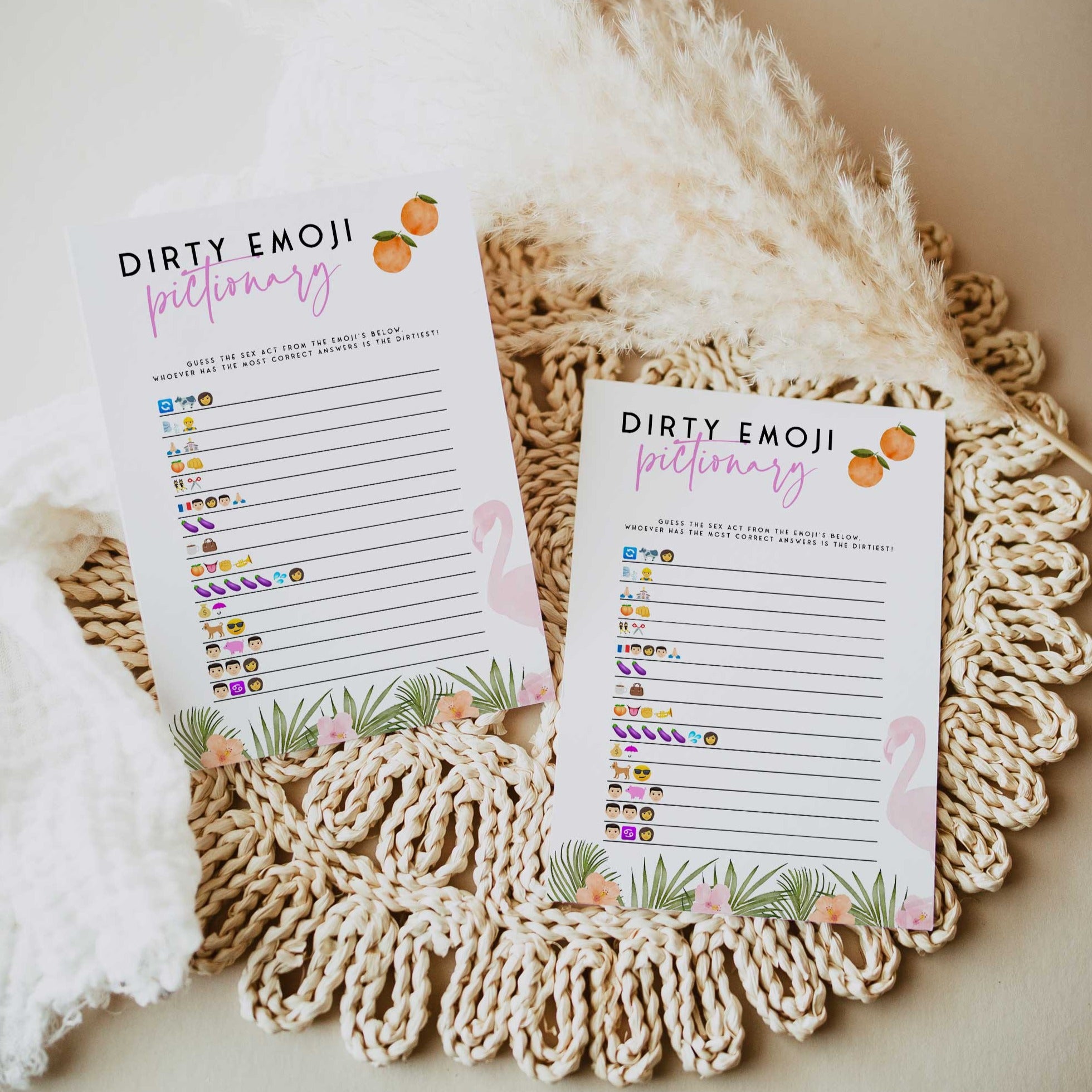Fully editable and printable dirty emoji pictionary game with a miami design. Perfect for a miami, Bachelorette themed party