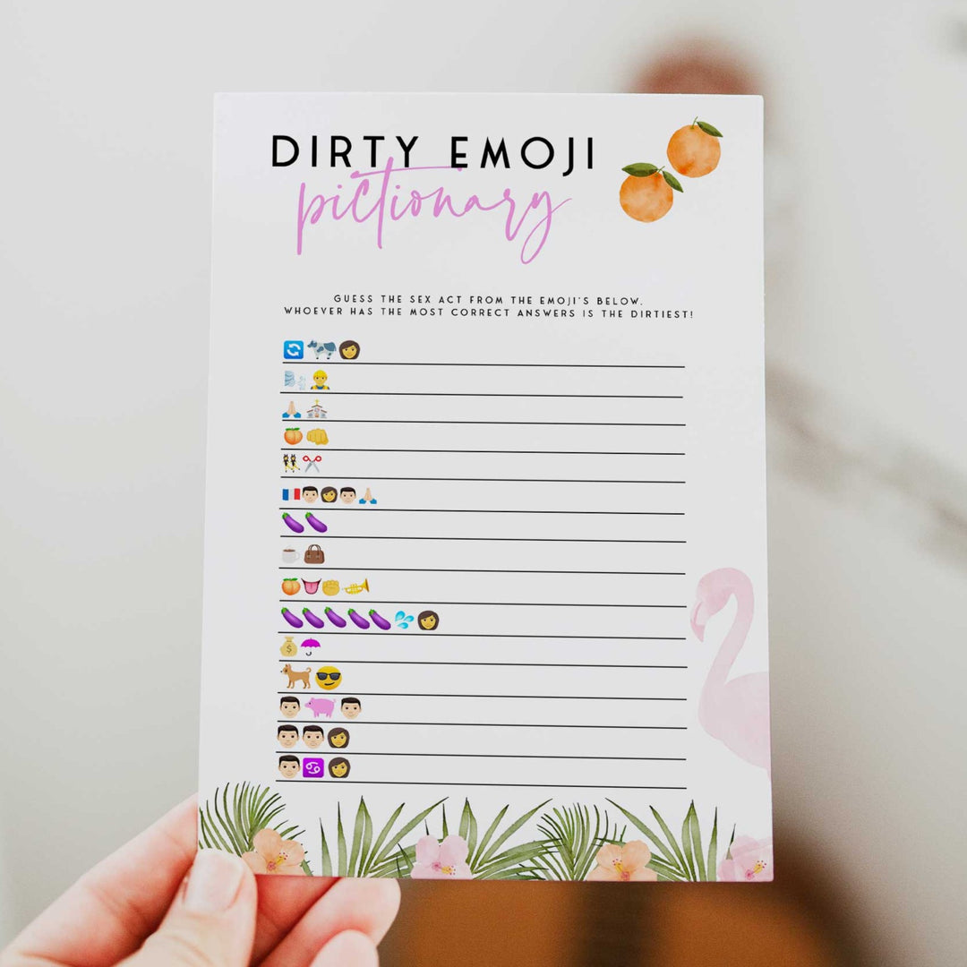 Fully editable and printable dirty emoji pictionary game with a miami design. Perfect for a miami, Bachelorette themed party