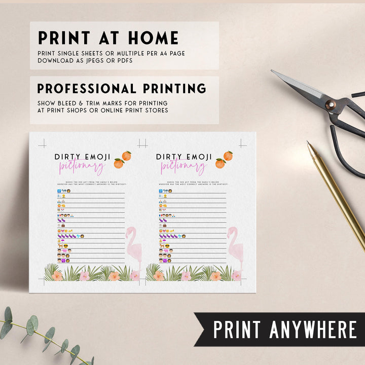 Fully editable and printable dirty emoji pictionary game with a miami design. Perfect for a miami, Bachelorette themed party