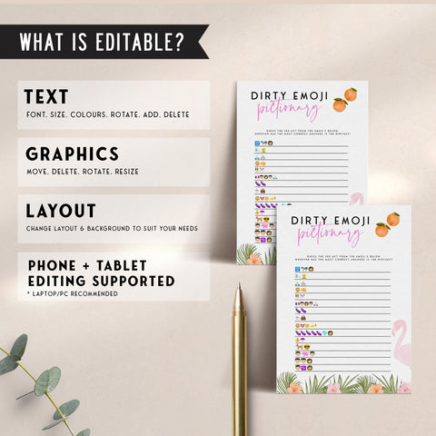 Fully editable and printable dirty emoji pictionary game with a miami design. Perfect for a miami, Bachelorette themed party