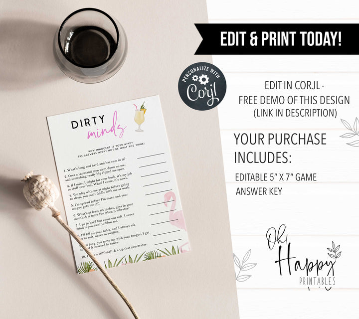 Fully editable and printable bachelorette dirty minds game with a miami design. Perfect for a miami, Bachelorette themed party