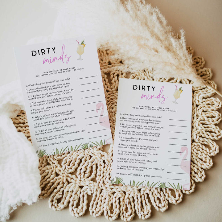 Fully editable and printable bachelorette dirty minds game with a miami design. Perfect for a miami, Bachelorette themed party