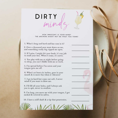 Fully editable and printable bachelorette dirty minds game with a miami design. Perfect for a miami, Bachelorette themed party