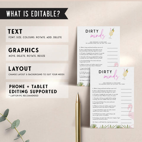 Fully editable and printable bachelorette dirty minds game with a miami design. Perfect for a miami, Bachelorette themed party