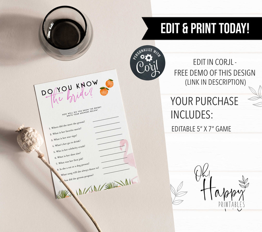Fully editable and printable do you know the bride game with a miami design. Perfect for a miami, Bachelorette themed party