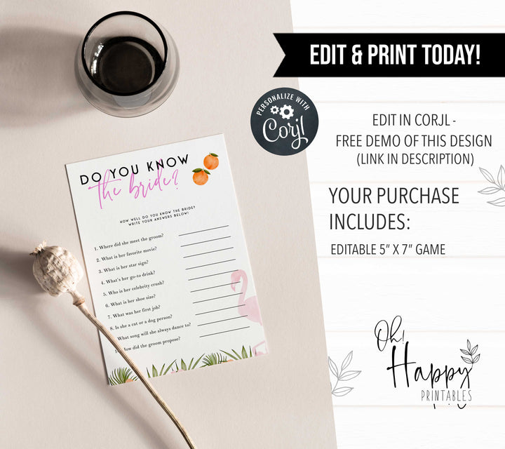 Fully editable and printable do you know the bride game with a miami design. Perfect for a miami, Bachelorette themed party