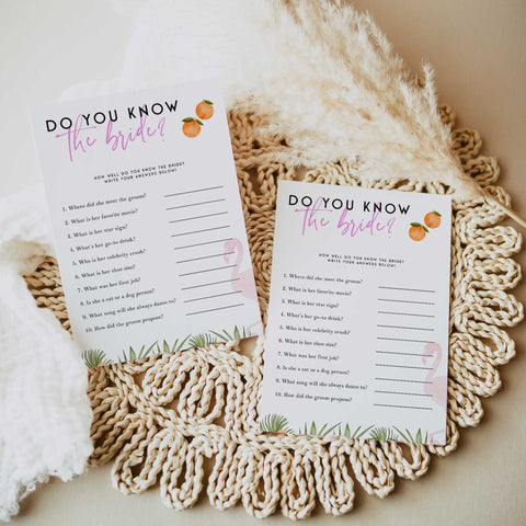 Fully editable and printable do you know the bride game with a miami design. Perfect for a miami, Bachelorette themed party