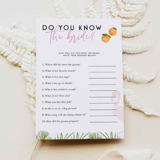 Fully editable and printable do you know the bride game with a miami design. Perfect for a miami, Bachelorette themed party