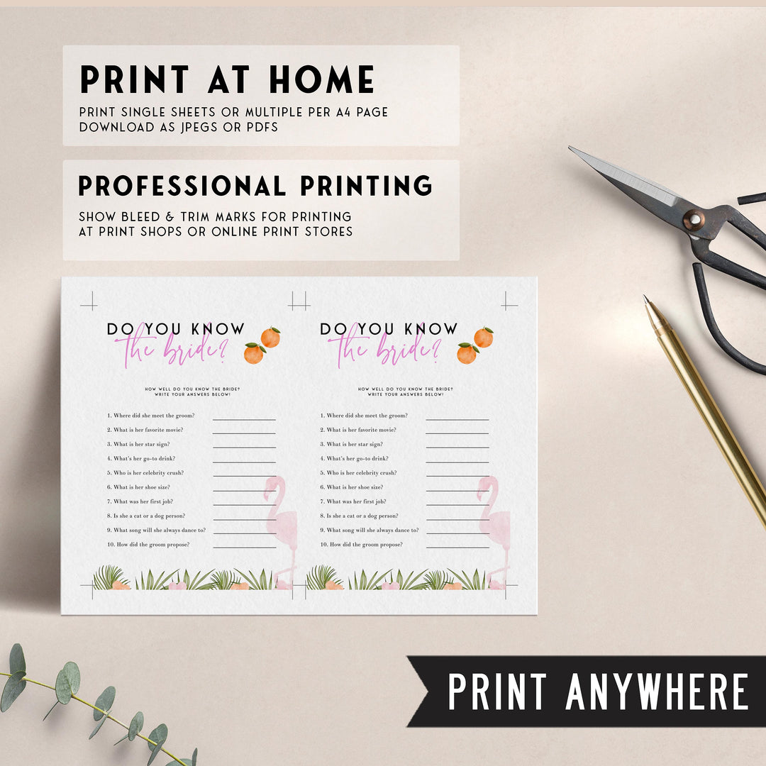 Fully editable and printable do you know the bride game with a miami design. Perfect for a miami, Bachelorette themed party