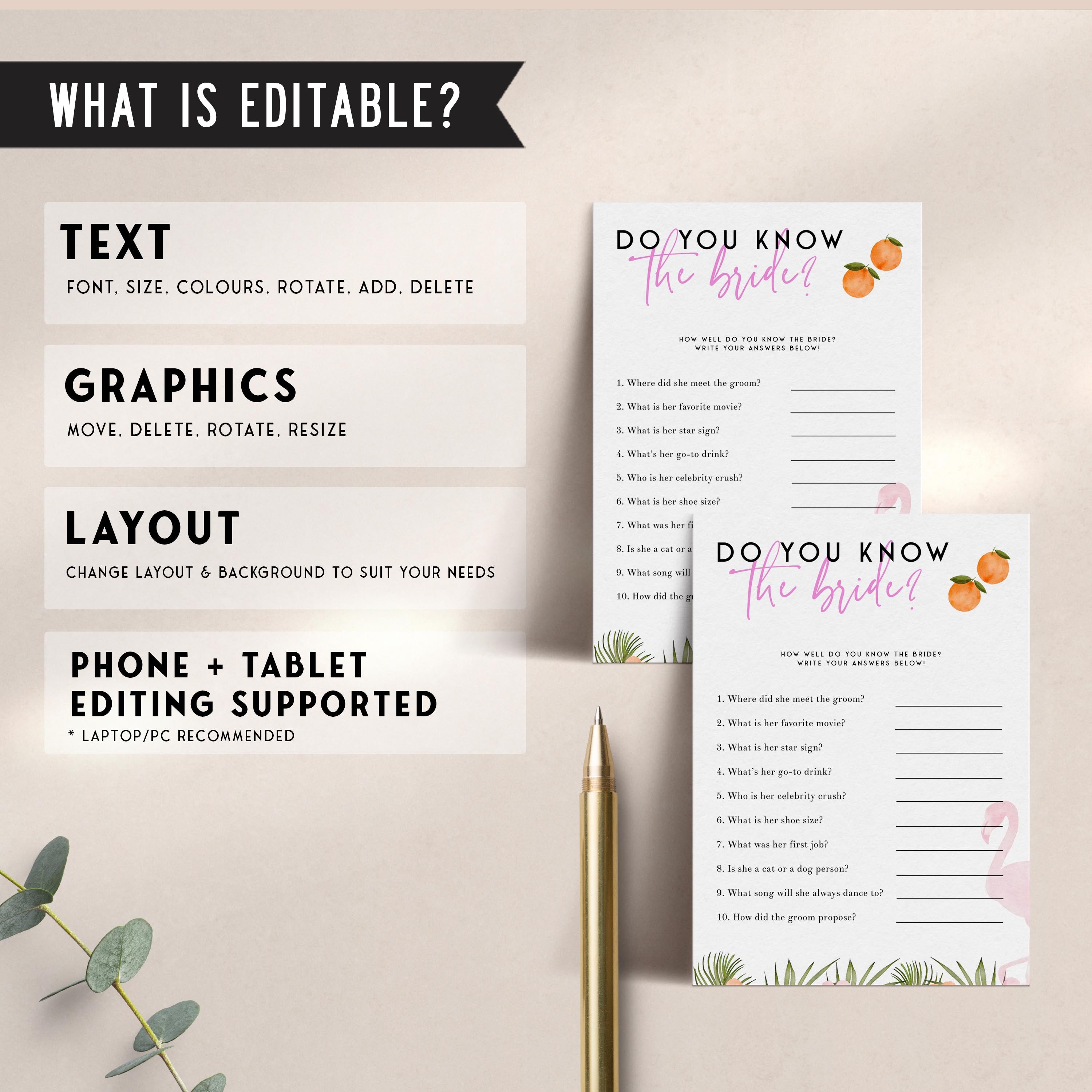 Fully editable and printable do you know the bride game with a miami design. Perfect for a miami, Bachelorette themed party