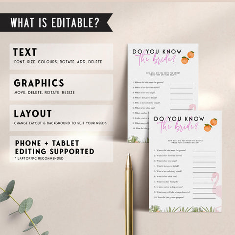 Fully editable and printable do you know the bride game with a miami design. Perfect for a miami, Bachelorette themed party