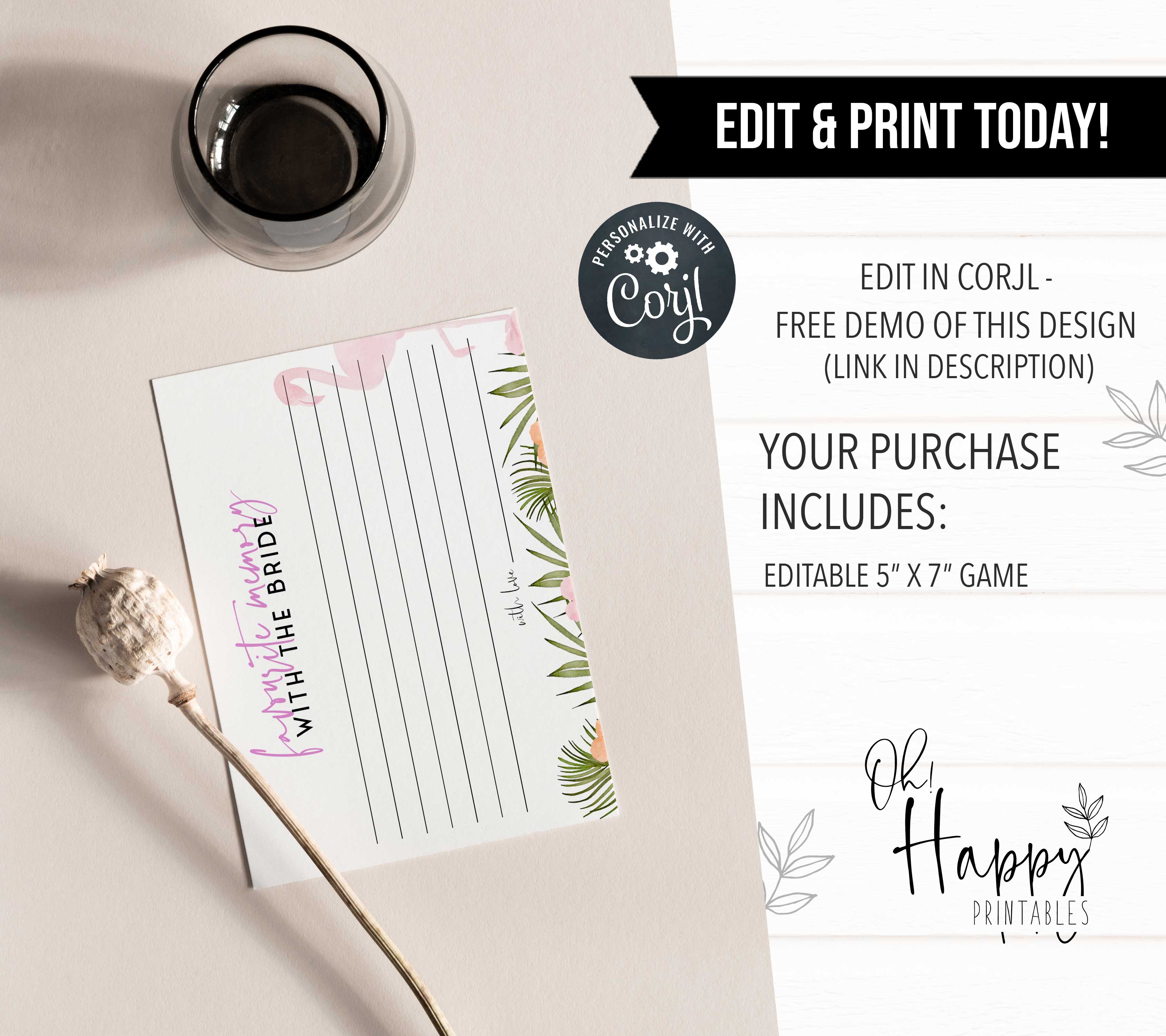 Fully editable and printable favorite memory of the bride game with a miami design. Perfect for a miami, Bachelorette themed party