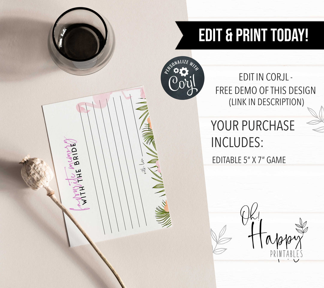 Fully editable and printable favorite memory of the bride game with a miami design. Perfect for a miami, Bachelorette themed party