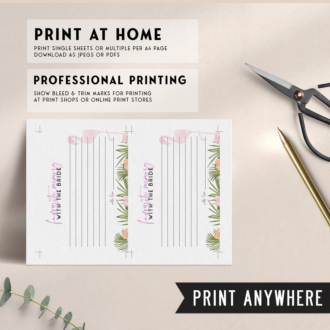 Fully editable and printable favorite memory of the bride game with a miami design. Perfect for a miami, Bachelorette themed party