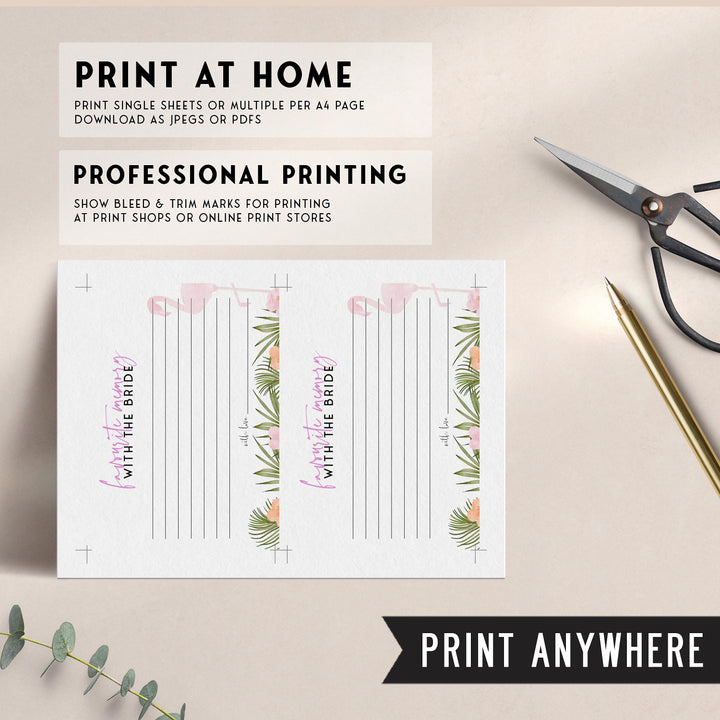 Fully editable and printable favorite memory of the bride game with a miami design. Perfect for a miami, Bachelorette themed party