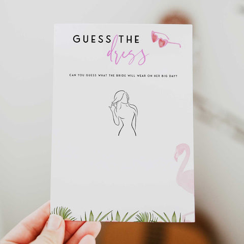 Fully editable and printable guess the dress bridal game with a miami design. Perfect for a miami, Bachelorette themed party
