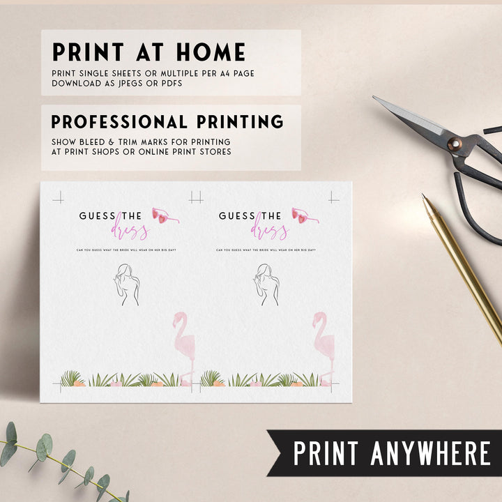 Fully editable and printable guess the dress bridal game with a miami design. Perfect for a miami, Bachelorette themed party