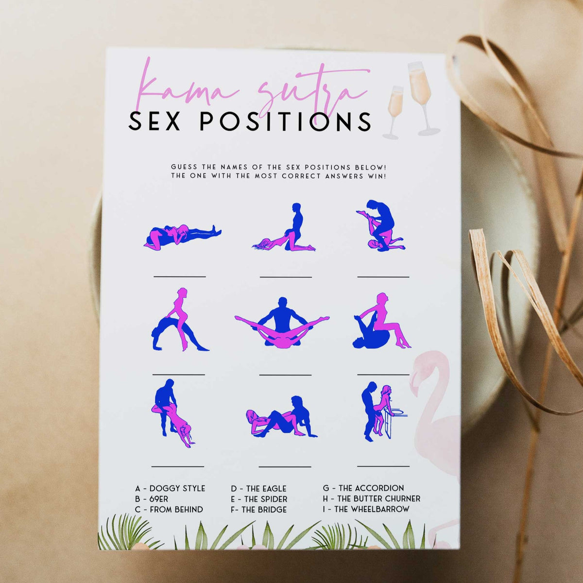 Fully editable and printable guess the sex positions game with a miami design. Perfect for a miami, Bachelorette themed party