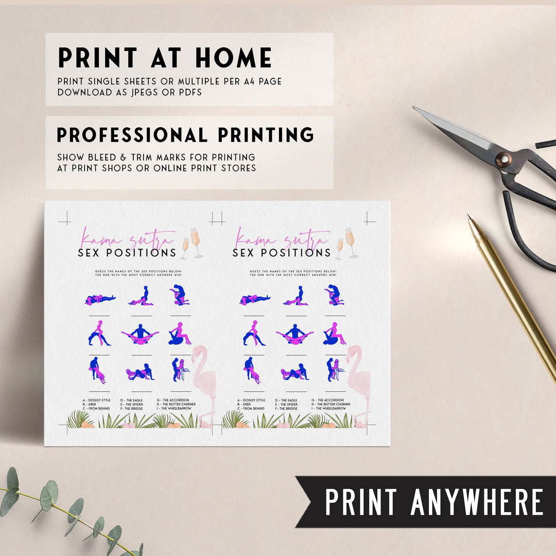 Fully editable and printable guess the sex positions game with a miami design. Perfect for a miami, Bachelorette themed party