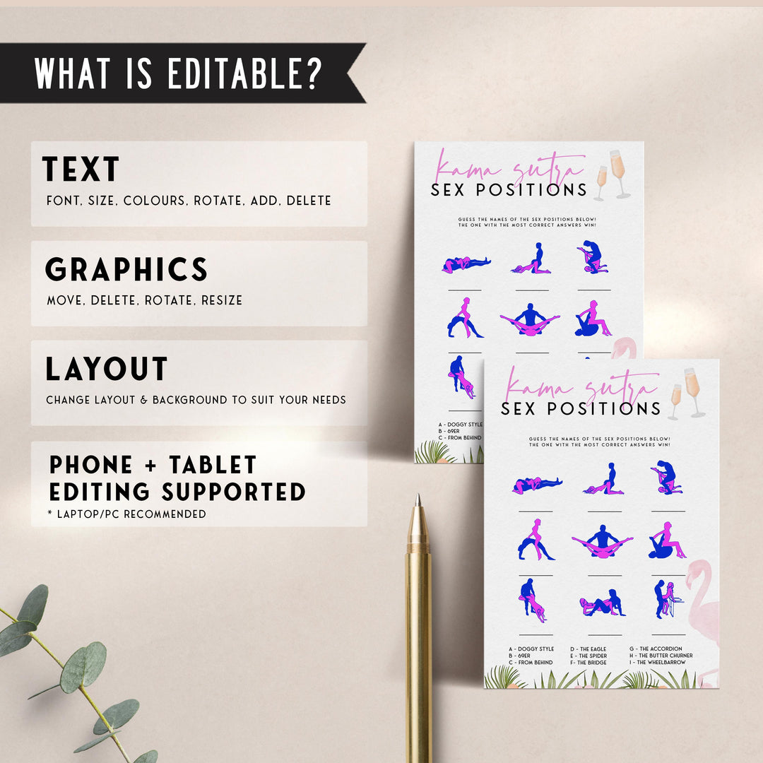 Fully editable and printable guess the sex positions game with a miami design. Perfect for a miami, Bachelorette themed party