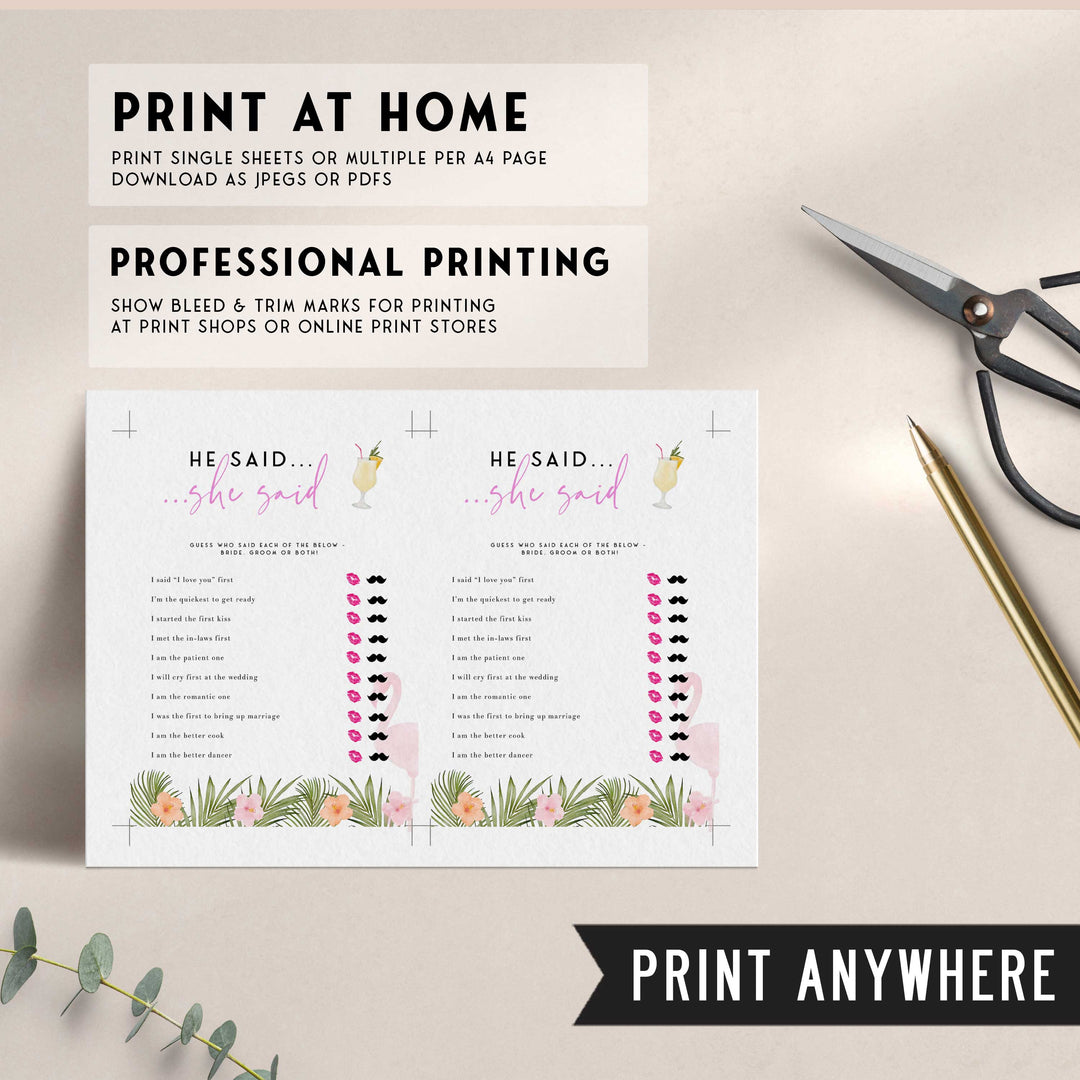Fully editable and printable he said she said game with a miami design. Perfect for a miami, Bachelorette themed party
