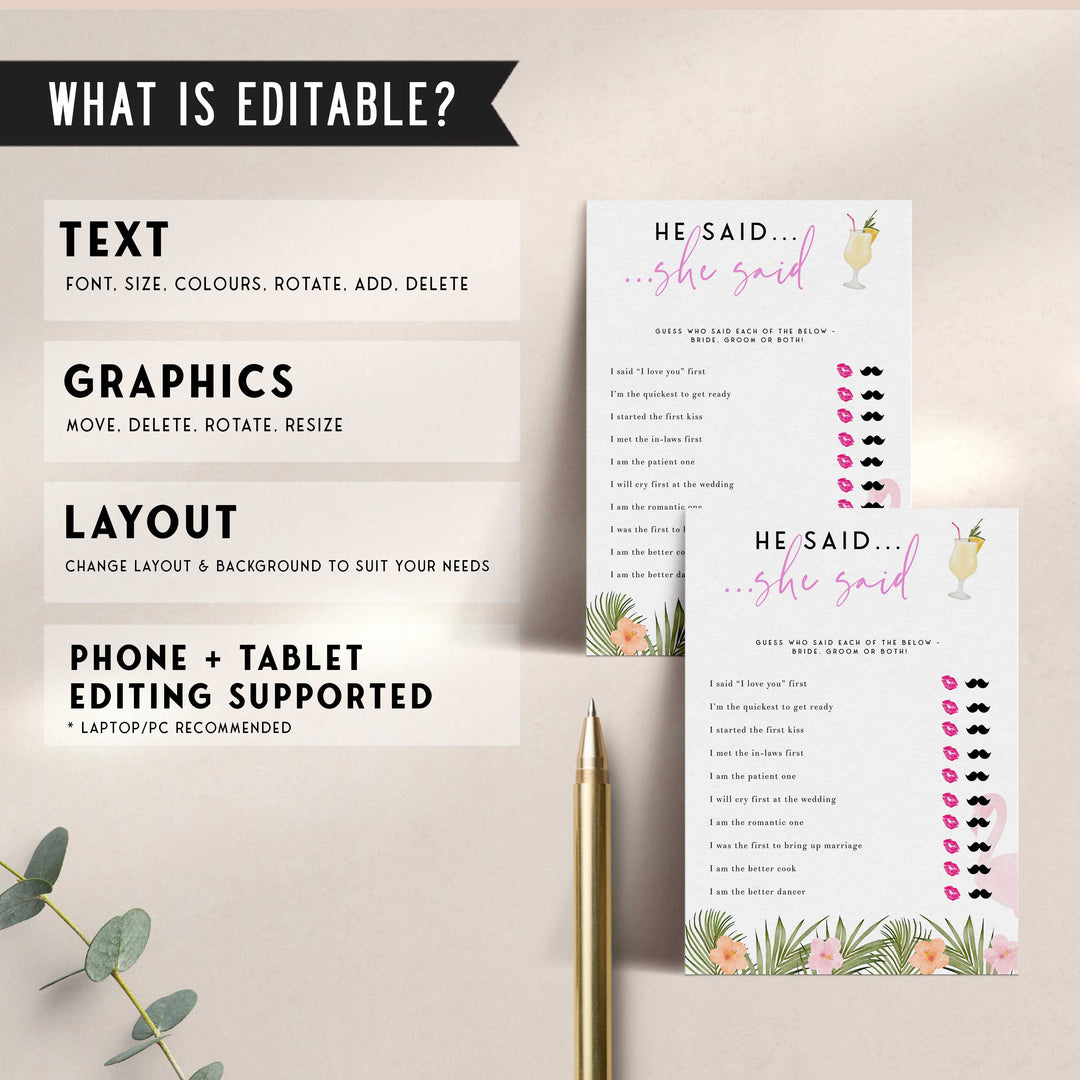Fully editable and printable he said she said game with a miami design. Perfect for a miami, Bachelorette themed party